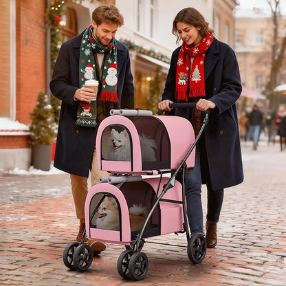 Magshion Double Dog Stroller with 2 Detachable Carrier Bags, 4-Wheel Folding Pet Travel Strolling Cart with Storage Pocket for Small-Medium Dogs & Cats Puppy, Pink Gray, Pink