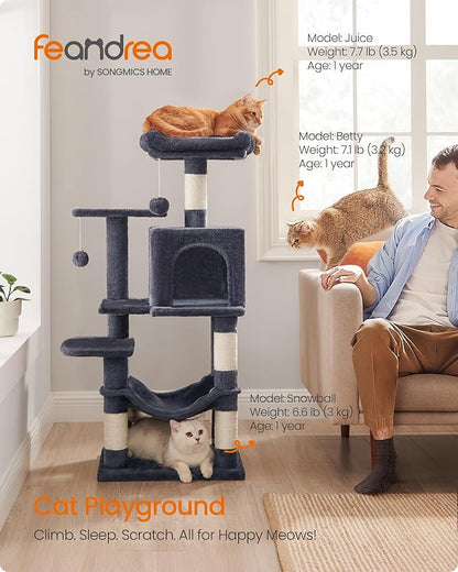 Feandrea Cat Tree, 44.1-Inch Cat Tower, Plush Multi-Level Condo with 4 Scratching Posts, 2 Perches, Hammock, Cave, Smoky Gray UPCT261G01