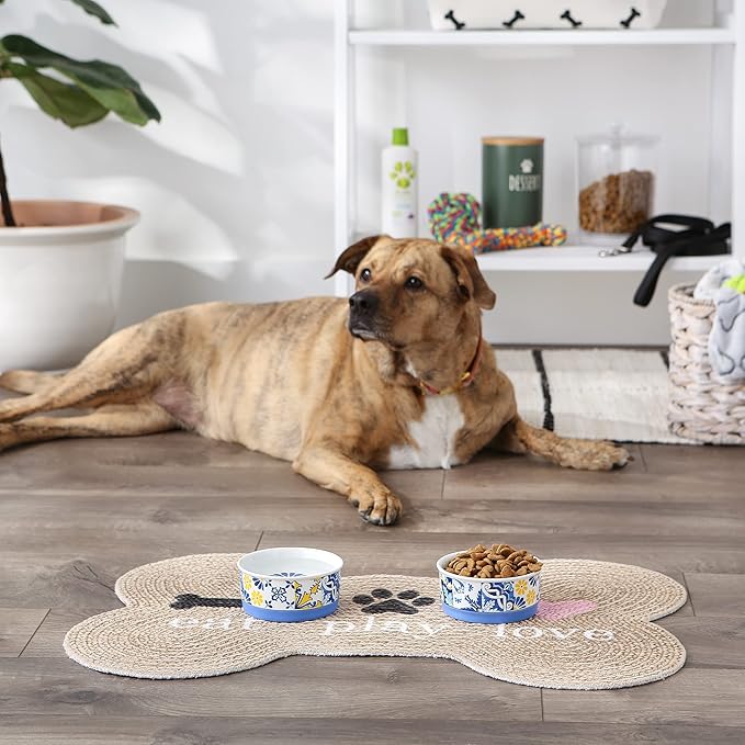 Bone Dry Ceramic Food & Water Bowls for Pets Non-Slip for Secure, Less Messy Feeding, Microwave & Dishwasher Safe, Small Set, 4.25x2, Azulejos Tile, 2 Count