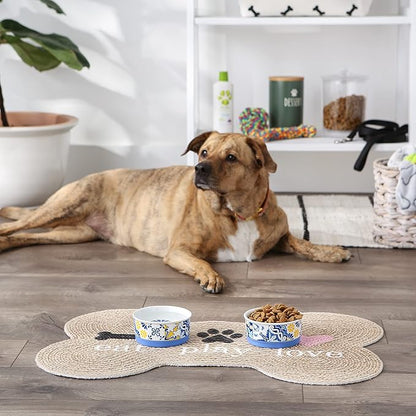 Bone Dry Ceramic Food & Water Bowls for Pets Non-Slip for Secure, Less Messy Feeding, Microwave & Dishwasher Safe, Small Set, 4.25x2, Azulejos Tile, 2 Count