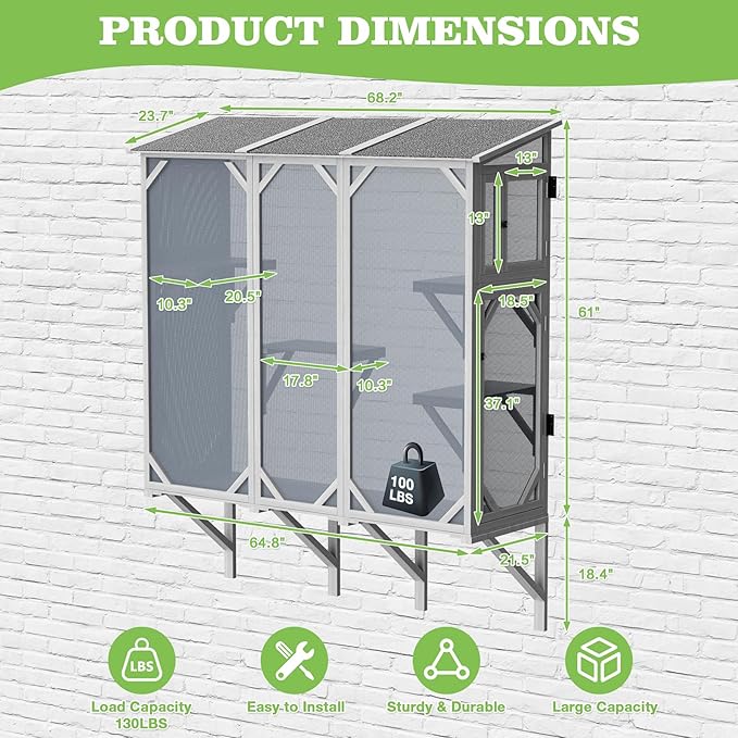 Large Catio Cat Window Box, Outdoor Cats Window Perchfor Indoor Cats with 4 Jump Platforms & 4 Doors, Comfortable Wooden Pet Perch House, Ultra-Fine Mesh Insect-Proof Screens, All-Weather Use