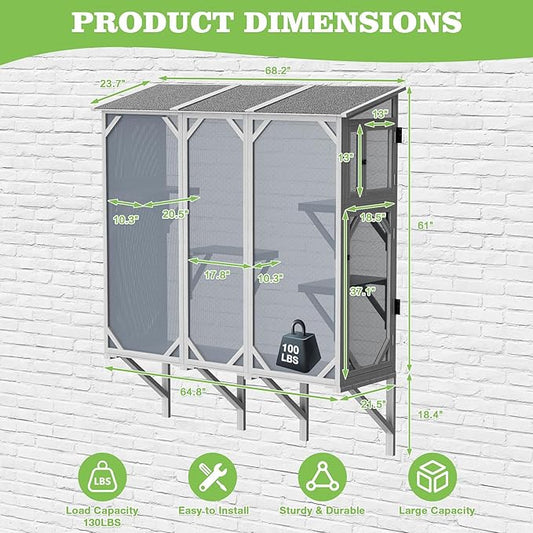 Large Catio Cat Window Box, Outdoor Cats Window Perchfor Indoor Cats with 4 Jump Platforms & 4 Doors, Comfortable Wooden Pet Perch House, Ultra-Fine Mesh Insect-Proof Screens, All-Weather Use
