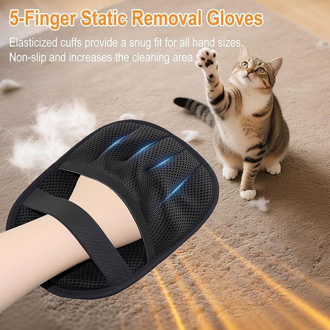 Pet Hair Removal Glove,Five Finger Reusable Cat Dog Hair Remover Electrostatic Gloves,Double Sided Grooming Mitt for Couch, Bed, Furniture, Carpet, Curtain, Clothes