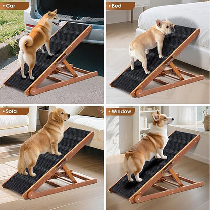 Dog Ramp for Bed - Foldable Small to Large Dog Ramp for Couch - 6 Adjustable Height from 12" to 24" - Stairs with High Traction Mat - Wooden Ramp for Dogs to Get on Bed Couch Car Up to 200LBS（Walnut）