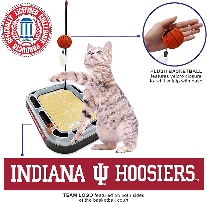Cat Scratch Toy NCAA Indiana Hoosiers Reversible Basketball Court Felt/Cardboard Cat Scratcher Toy. Interactive Cat Ball Bell in Tracks. 6-in-1 CAT Toy Cat Wand Poll, Catnip-Filled Plush Basketball
