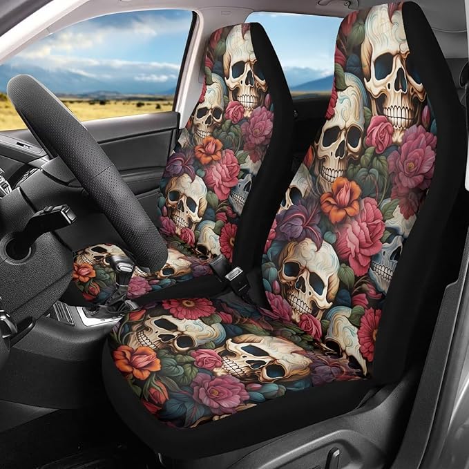 Floral Skull Car Seat Covers for Front Seats SUV Truck Van Sedans Bucket Seat Covers for Women Men, Washable and Breathable Car Accessories Seat Protector
