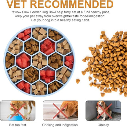 Pawow Slow Feeder Dog Bowls, Silicone Dog Bowl with Suction Cups, Non-Slip Pet Slow Feeder for Small Medium Large Breed, Anti Gulping&Dishwasher Safe, Reduces Boredom Pet Feeding Bowl(Blue)