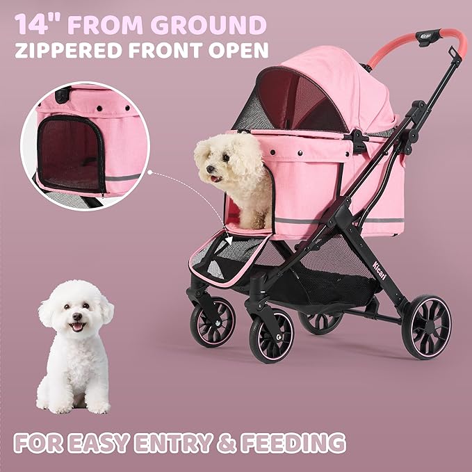 All-Terrain Dog Stroller for Small to Medium Dogs, Pet Stroller for Dogs & Cats Outdoor Walks, One-Hand Easy Fold, Double-Layer Anti-UV & Waterproof Canopy & Breathable Mesh, Sakura Pink