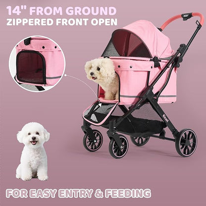 All-Terrain Dog Stroller for Small to Medium Dogs, Pet Stroller for Dogs & Cats Outdoor Walks, One-Hand Easy Fold, Double-Layer Anti-UV & Waterproof Canopy & Breathable Mesh, Sakura Pink