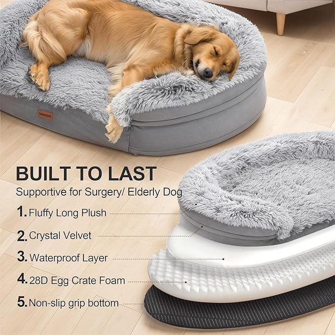 Fluffy 3.7 inch Thickened Orthopedic Dog Beds for Large Dogs, Supportive Dog Sofa Bed with 28D Egg-Crate Foam, Removable Washable Plush Cover, Waterproof Lining, Cozy Oval Design, Grey