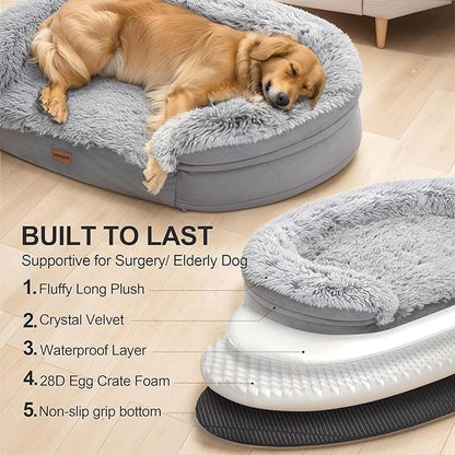 Fluffy 3.7 inch Thickened Orthopedic Dog Beds for Large Dogs, Supportive Dog Sofa Bed with 28D Egg-Crate Foam, Removable Washable Plush Cover, Waterproof Lining, Cozy Oval Design, Grey