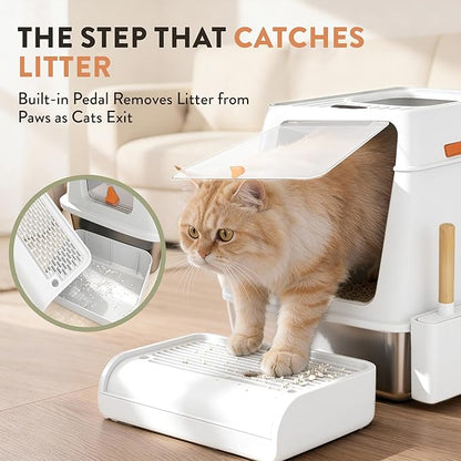 XL Stainless Steel Cat Litter Box with Enclosure and Pooper Scooper - Durable Black Metal Litter Box for Big Cats, High Sides for Anti-Leakage, Never Absorbs Odors, Non-Sticky - (60x40cm) (White)