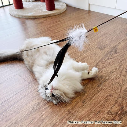 TTcat Cat Wand Toys Natural Huge Feather Stick Toys,3 Pcs Extra Long Teaser Sticks with Different Feathers (Ostrich, Peacock, Chicken),Interactive Toys for Indoor Cat and Kitten.