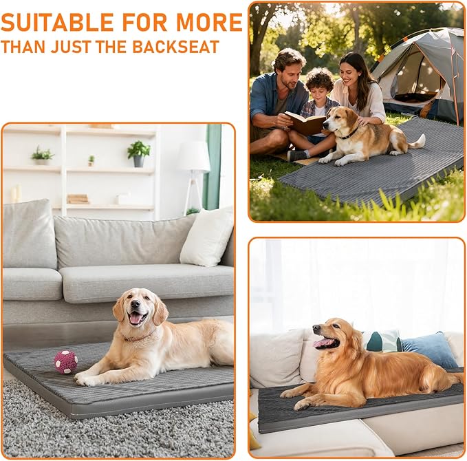 Dog Bed Mat for Car Backseat, Non-Slip Waterproof Car Seat Mat for Dogs & Pets with 2-Inch Thick Foam & Easy Clean Dog Pad Cover Suitable for Travel, Camp, Home (23.5x51in, Grey)