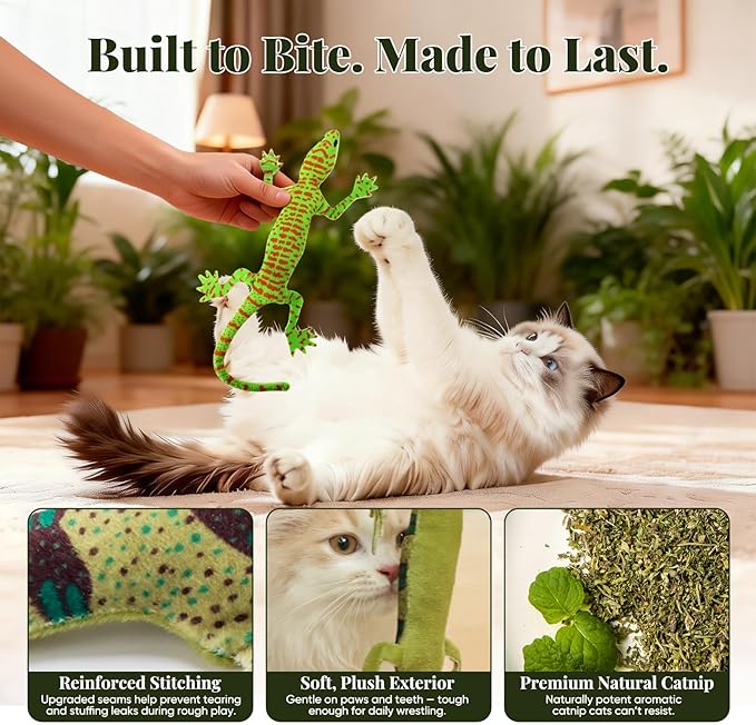CiyvoLyeen Lizard Catnip Toys Chew Bite Resistant Toys for Indoor Cats Boredom Relief Teeth Cleaning Interactive Funny Cute Kitten Cat Lover Gifts Christmas Birthday Presents Set of 4