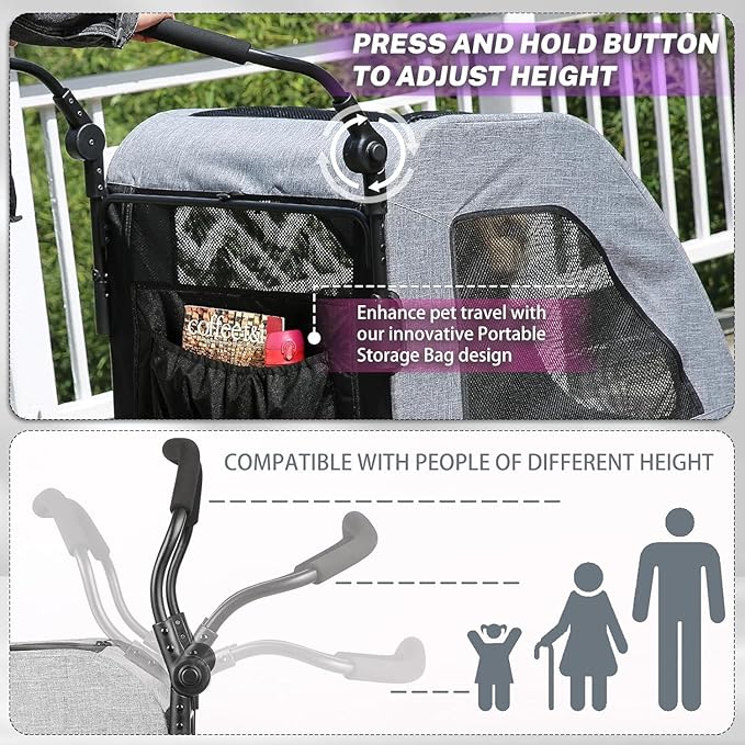 EchoSmile XL Extra Large Dog Stroller - Adjustable Handles,Lightweight Folding Pet Stroller,All-Terrain 4 Wheel for 2 Medium Dogs,Dual Entry Safety Dog Stroller,Capacity 160 lbs,Gray