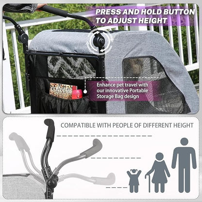 EchoSmile XL Extra Large Dog Stroller - Adjustable Handles,Lightweight Folding Pet Stroller,All-Terrain 4 Wheel for 2 Medium Dogs,Dual Entry Safety Dog Stroller,Capacity 160 lbs,Gray