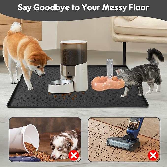 Silicone Dog Dish Mat for Food and Water - 23.6" *15.7" Waterproof Slip Pet Feeding Mat with Raised Edges to Prevent Messes on Floor (Black)