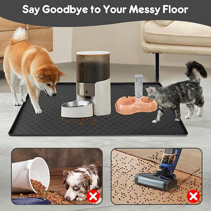 Silicone Dog Dish Mat for Food and Water - 23.6" *15.7" Waterproof Slip Pet Feeding Mat with Raised Edges to Prevent Messes on Floor (Black)