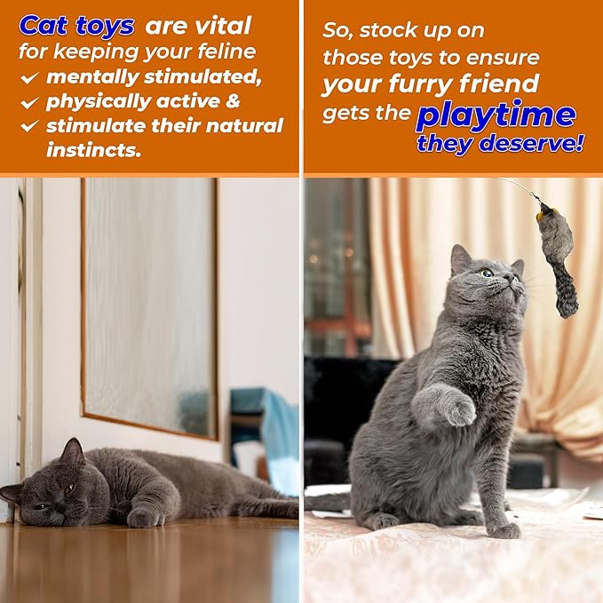 Kats'N Us 2 Inch Real Rabbit Fur Feather Tail Mouse Cat Toy - 2 Pack Rattle Mice Durable Soft Body, Natural Hunting Instinct Play, Interactive Exercise & Enrichment Set for Indoor Cats