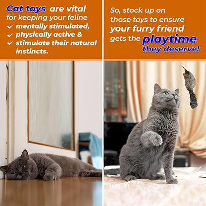 Kats'N Us 2 Inch Real Rabbit Fur Feather Tail Mouse Cat Toy - 2 Pack Rattle Mice Durable Soft Body, Natural Hunting Instinct Play, Interactive Exercise & Enrichment Set for Indoor Cats