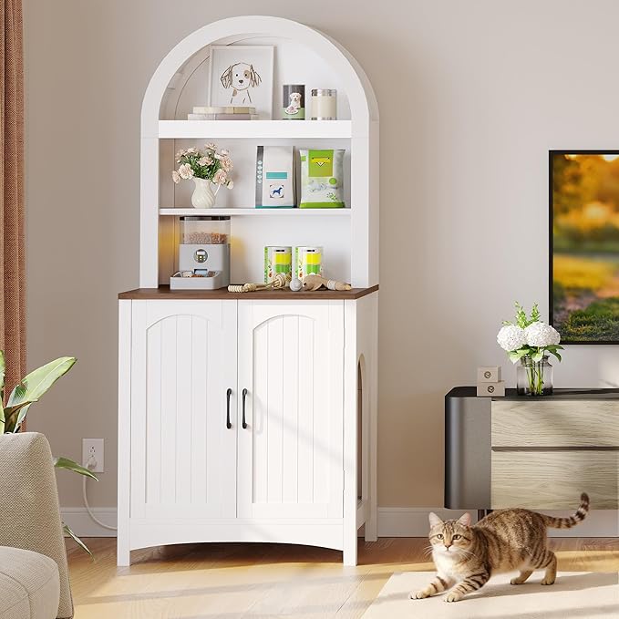 DWVO 70.8in Large Hidden Cat Litter Box Furniture with Shelves, High-Gloss Modern Litters Box Enclosure for Self-Cleaning Litter Boxes, Large Hidden Wooden Cabinet, White