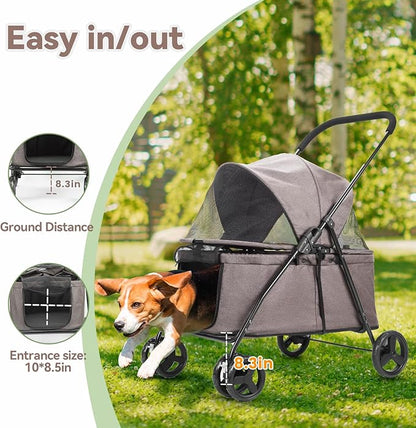 20% Larger Capacity, Wedyvko Dog Stroller for Medium/Small Pets w/Dog Poop Bags & Dispenser, Storage Pouch, Zipperless, Entry in/Out Easy (Coffee)
