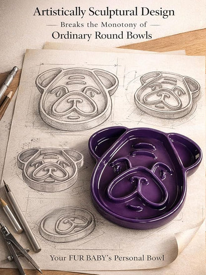 Art Ceramic Slow Feeder Pug Shape, 1.5 Cups Dog Bowl for Small & Medium Breed. Bite-Resistant, Dishwasher Safe, Maze Design to Prevent Fast Eating, Bloat, Choking. Gift for Pet Lovers, Purple