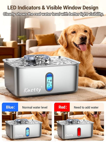 Kastty 3.96 Gal Dog Water Fountain for Large Dogs,15L Stainless Steel Large Pet Water Fountain, Ultra Quiet Automatic Dog Water Bowl Dispenser with Water Level Window and LED Light(FS78,Grey