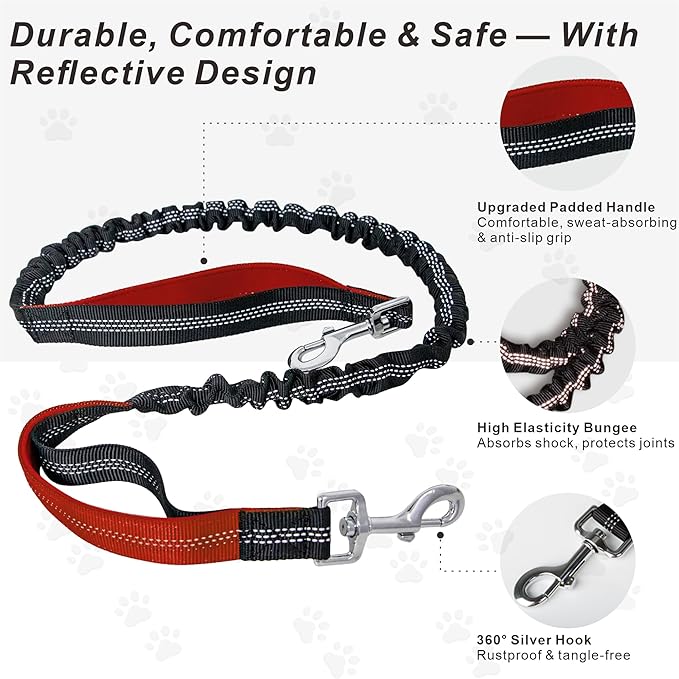 Hands-Free Dog Leash for Dogs up to 130 lbs – Heavy-Duty, Shock-Absorbing Bungee Leash with Zipper Pouch, Dual Padded Handles & Adjustable Waist Belt for Running & Walking – Classic Red