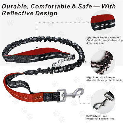 Hands-Free Dog Leash for Dogs up to 130 lbs – Heavy-Duty, Shock-Absorbing Bungee Leash with Zipper Pouch, Dual Padded Handles & Adjustable Waist Belt for Running & Walking – Classic Red