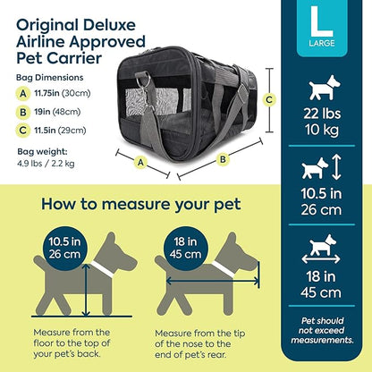 Sherpa Pet Carrier Airline Approved with Spring Wire Frame - Cat Carrier and Dog Carriers for Airline Travel and Vet Visits, Mesh Ventilation, Locking Zippers - Charcoal Grey, Large