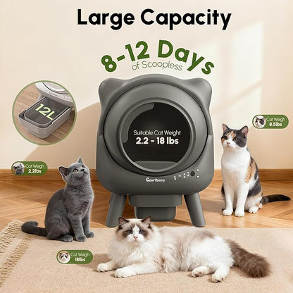 Automatic Litter Box, Self Cleaning Litter Box, Cat Robot for Multiple Cats, with Smart APP Control and Health Monitoring, Safety Sensors, with Trash Bags, Grey