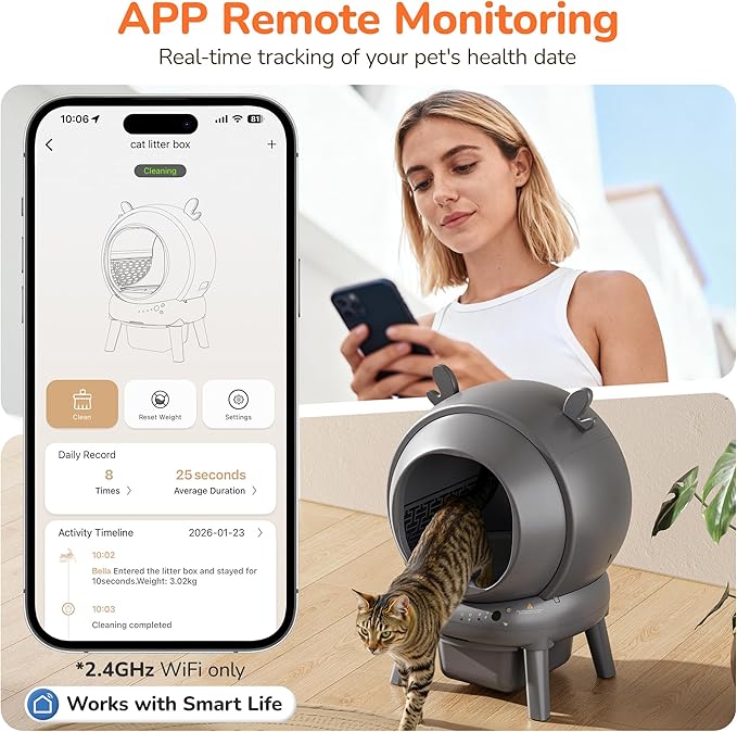Automatic Self Cleaning Litter Box, Cat Litter Box with APP Control, 65L Globe & Dual Safety Sensors, Robot Litter Box, 1 Roll Garbage Bags and Litter Mat, <35DB, for Multiple Cats, Grey