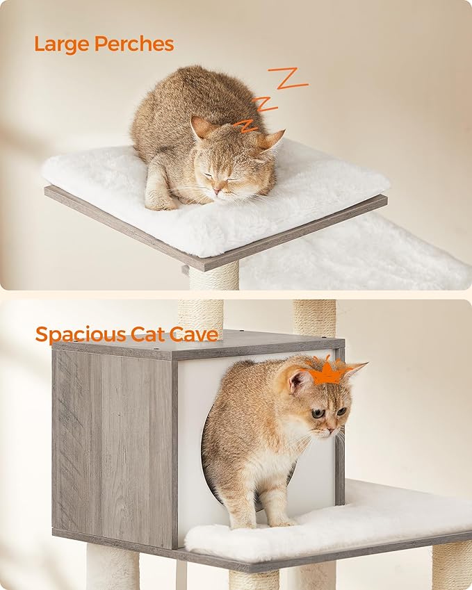 Feandrea Cat Tree, 56.3-Inch Modern Cat Tower, Multi-Level Plush Condo with Scratching Posts, Hammock, Washable Cushion, Heather Greige UPCT164G01