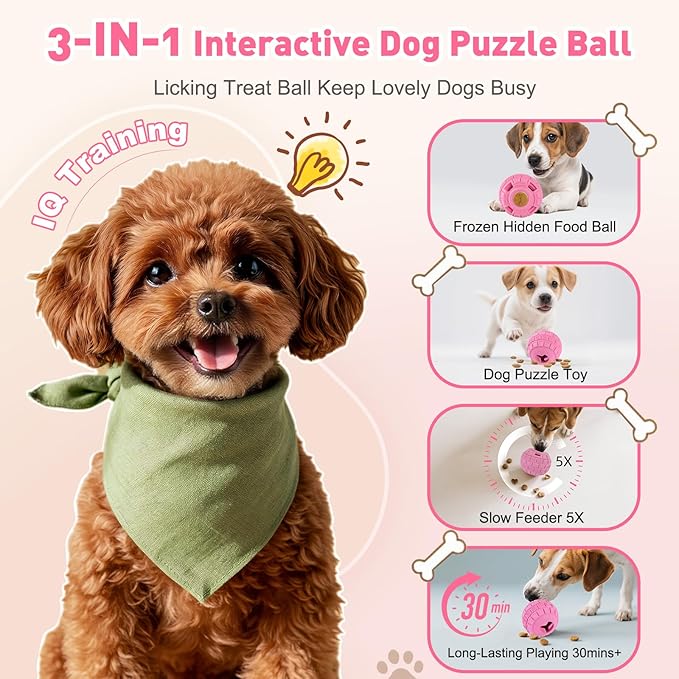 Interactive Dog Frozen Treat Toys, Dog Puzzle Enrichment Ball to Keep Them Busy, Slow Food Training, Durable Rubber Chew Dispensing Toy, Freezable Fillable Ball, for Small Medium Large Dogs (Pink)