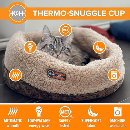 K&H Pet Products Heated Cat Bed Indoor, Thermo-Snuggle Cup Bomber Soft Heated Pet Bed for Large Indoor Cats and Small Dogs, Machine Washable, Waterproof Heated Pad, Safety Listed - 18x14in Chocolate