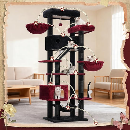 Gothic Cat Tree for Large Cats, 78.7"(200cm) Tall Cat Tower for Indoor Cats Multiple Cats with Large Top Perch, Cat Condo, Cat Hammcok, Cat Scratching Post, Black and Red GCT031BR
