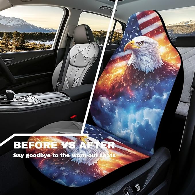 Car Seat Covers Universal Eagle American Flag Vehicle Front Seats Interior Protector Waterproof Anti-Slip Back Fabric Interior Protection Suitable for Cars, SUV and Trucks