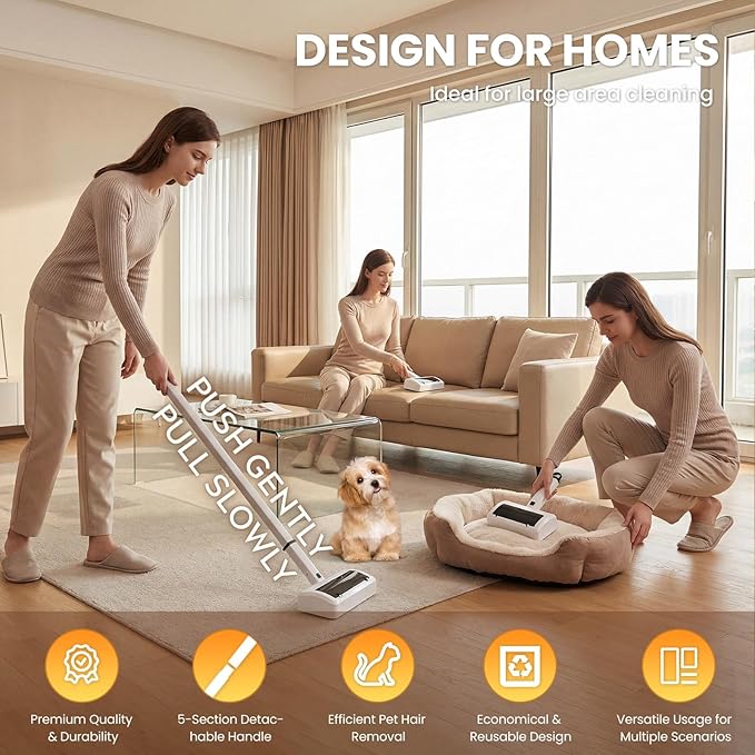 Pet Hair Remover for Carpet, Reusable Pet Hair Remover, 44 Inch Adjustable Handle, Electric Dog Cat Hair Removal Tool for Couch, Carpet