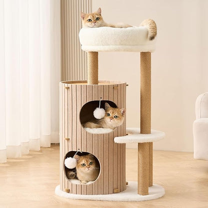 Modern Cat Tree for Indoor Cats Large Adult, 36in H Cat Tree Tower with Scratching Posts, Cozy Cat Bed Cave, Washable Cushions, Dangling Balls, Play&Nap Cat House Condo for All Breeds, Brown