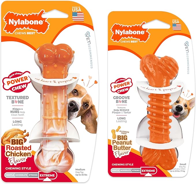Nylabone 70th Birthday Textured Bone & Groove Bone Power Chew Toys for Dogs, Tough Dog Toys for Aggressive Chewers, Chicken & Peanut Butter Flavor, Small Dogs - Up to 25 lbs, 2 Pack
