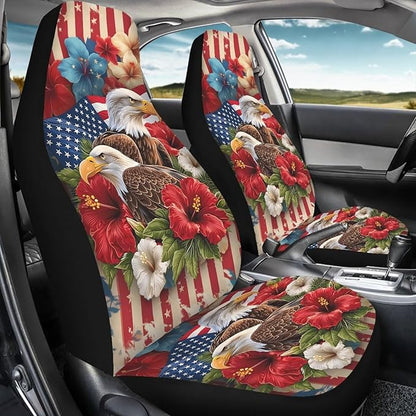 Car Seat Covers Waterproof Hibiscus Eagle Patriot Car Seat Cover for Front Seat Set of 2 Washable Cover Anti-Slip Back Fabric Easy to Install Universal Fit Most Cars