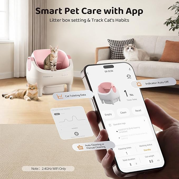 Thereye Self Cleaning Cat Litter Box, Open-Top Automatic Litter Box with APP Control, Safety Sensor and 10L Large Waste Bin, Smart Kitty Litter Boxes with Trash Bags and Mat for Multiple Cats