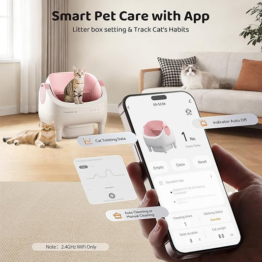 Thereye Self Cleaning Cat Litter Box, Open-Top Automatic Litter Box with APP Control, Safety Sensor and 10L Large Waste Bin, Smart Kitty Litter Boxes with Trash Bags and Mat for Multiple Cats