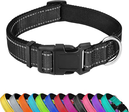Reflective Dog Collar, Adjustable Soft Neoprene Padded Nylon Pet Collars with Buckle for Large Dogs, Black,L