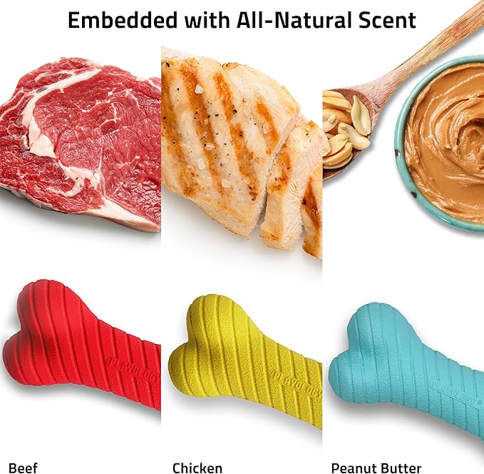 Playology Dog Toys | Rainbow of Scent Chew Toy Gift Box - Medium Dual Layer Bones for Dogs | Peanut Butter, Chicken, & Beef Scented Toys - Easy to Clean and Made from Non Toxic Materials