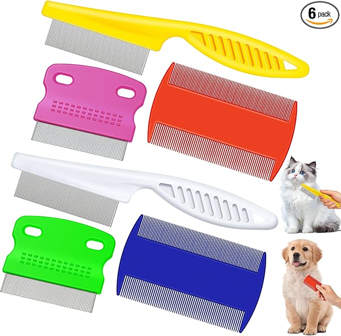 Boao 6 Pack Flea Lice Comb Stainless Steel Dog Cat Grooming Combs with Rounded Teeth, Double Sided Pet Tear Stain Remover Dematting Tool for Pets(White, Yellow, Green, Purple, Orange, Dark Blue)