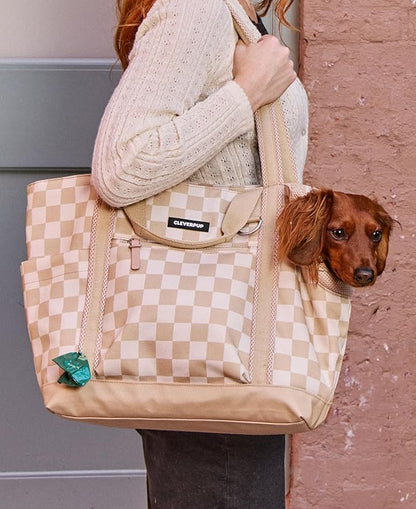 Cleverpup Transit Tote Dog Carrier 4-Piece Set - Premium Lightweight Pet Travel Bag with Plush Teddy Insert, Food Pouch, Air Mesh Opening, Water-Resistant Base & Safety Tether - Medium Checkerboard