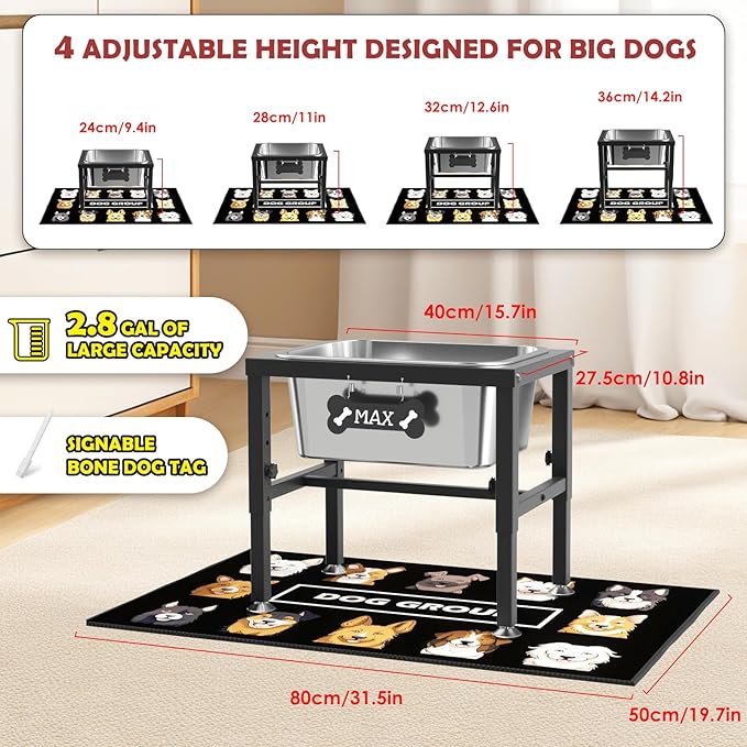 2.8 Gallon Elevated Large Dog Water Bowl, ADENGL 4-Height Adjustable (9.4–14.2'') Raised Stainless Steel Bowl, Dog Bowls Elevated with Spill-Proof Mat & Sturdy Metal Stand for Indoor/Outdoor Use